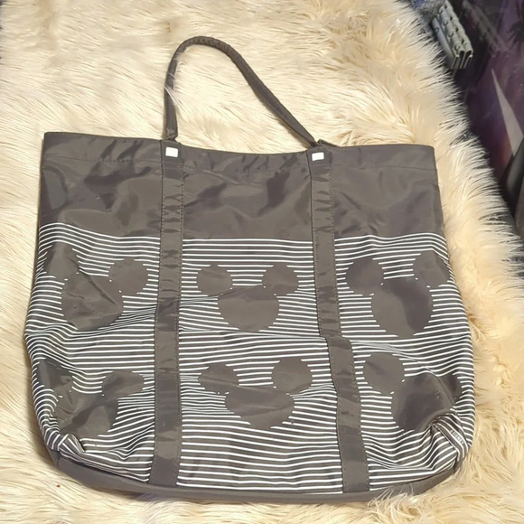 Disney Handbags - VTG RARE CLASSIC RETRO GRAY WHITE STRIPES MICKEY MOUSE HEADS LARGE TOTE BAG